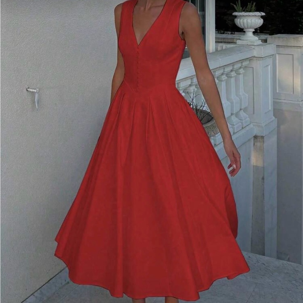 Red Button-Front Midi Dress